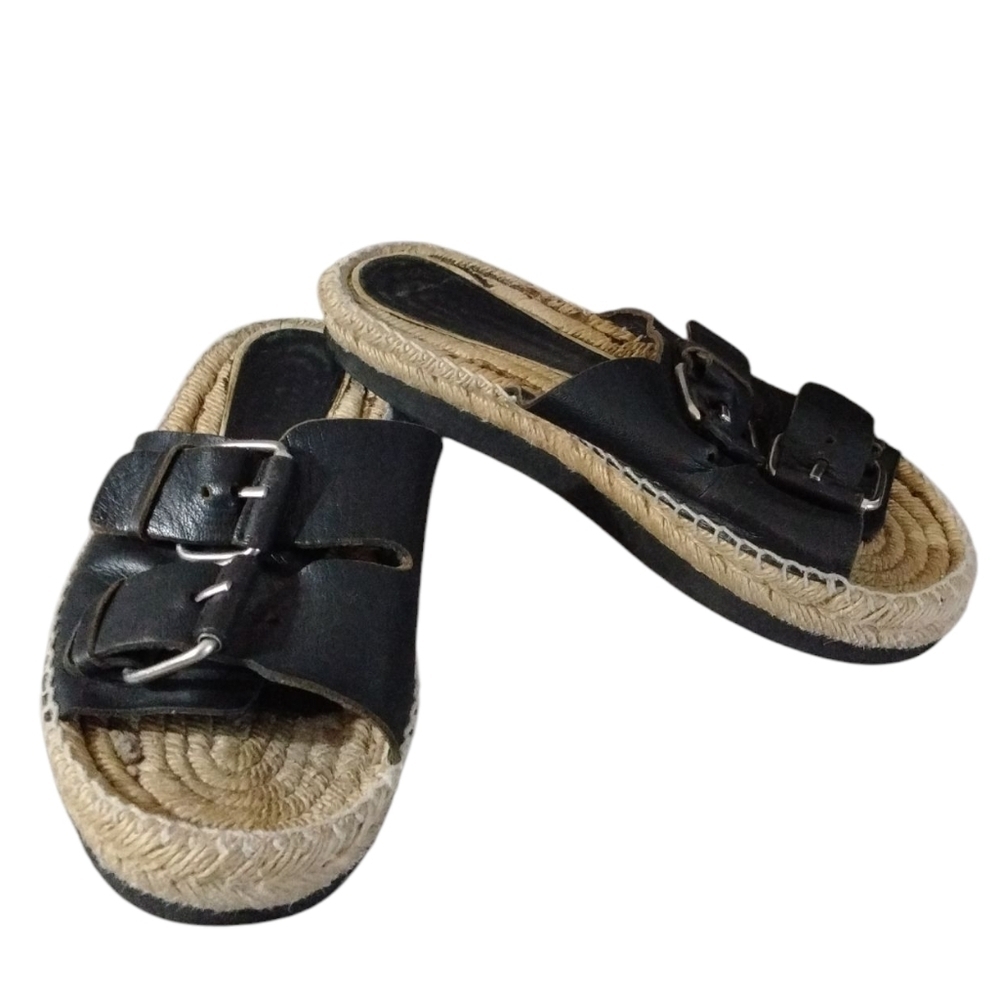 Palomitas Black Leather Buckle Espadrille Slide Sandals